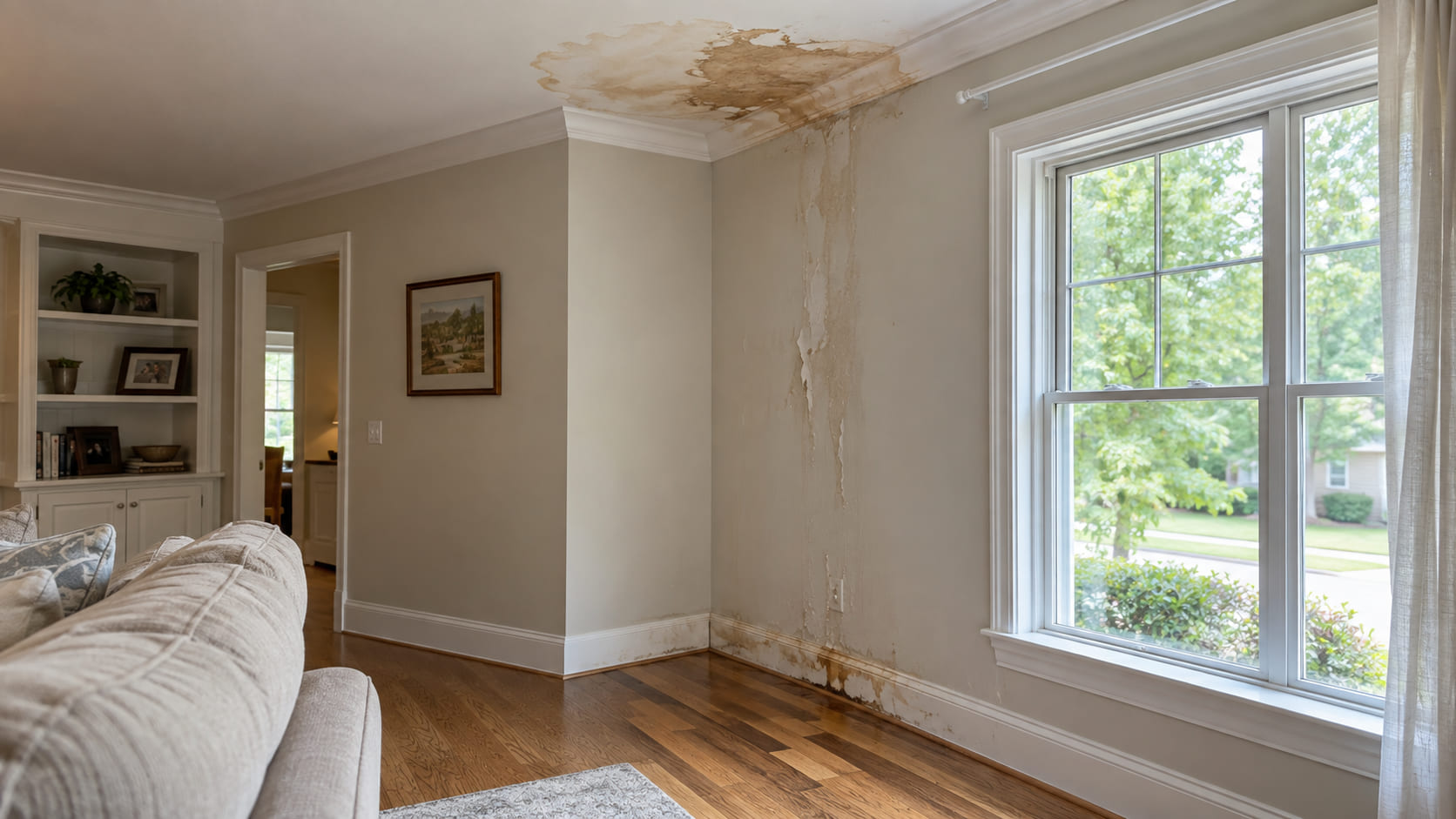 Brown ceiling water stain and peeling paint running down a living room wall in a Wake Forest NC home